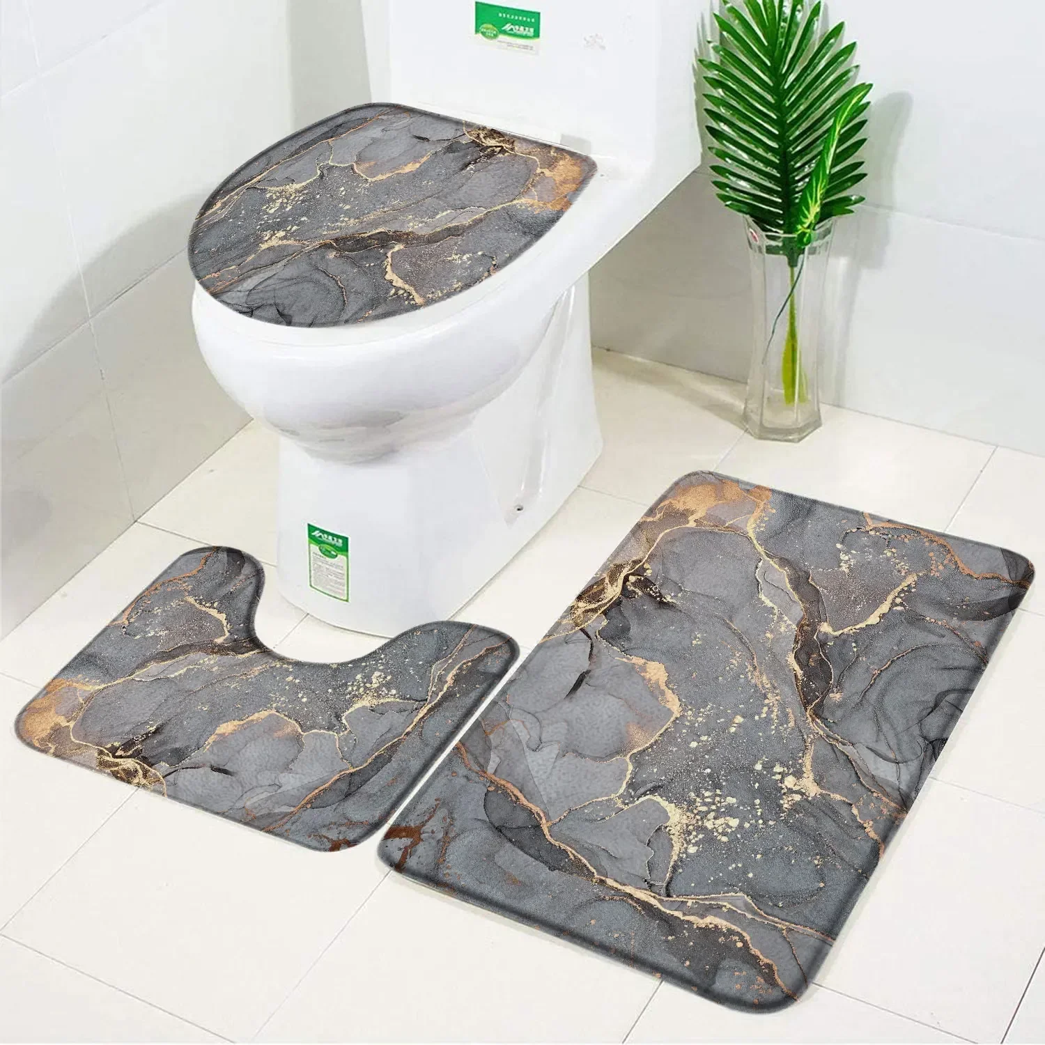 Bathroom Rug Set Coloured Marble Textured Bath Mat Flannel Non-Slip Foot Mat Toilet Cover Carpet Bathroom Decoration Accessories