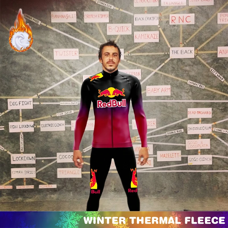 

Winter Thermal Fleece Cycling Jersey Red Bull Clothes Man 2025 Men Bib Men's Clothing Long Sleeve Uniform Mountain Bikes Shirt