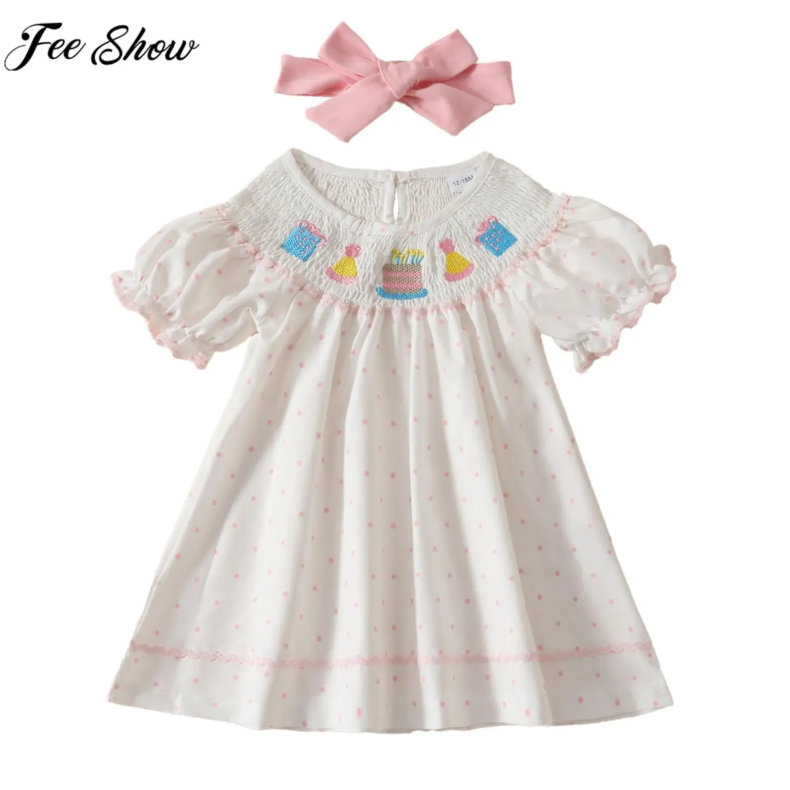 

Children Girls Summer Short Sleeve Polka Dot Embroidery Birthday Party Dress with Headband for Cake Smash Photo Shoot Daily Wear
