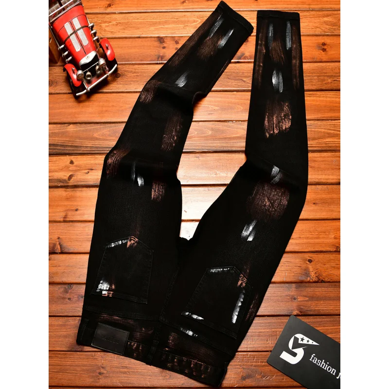 2025 Autumn Black Jeans Men's Inkjet Graffiti Printed Street Men's Clothing Nostalgic Trend High end Retro Denim Pants