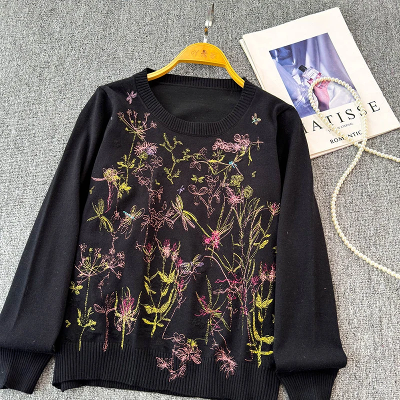 Embroidery Flower 2024 Autumn Winter Luxury Brand Design White Knit Long sleeves Sweater For Women Knitwear Pullover Clothes