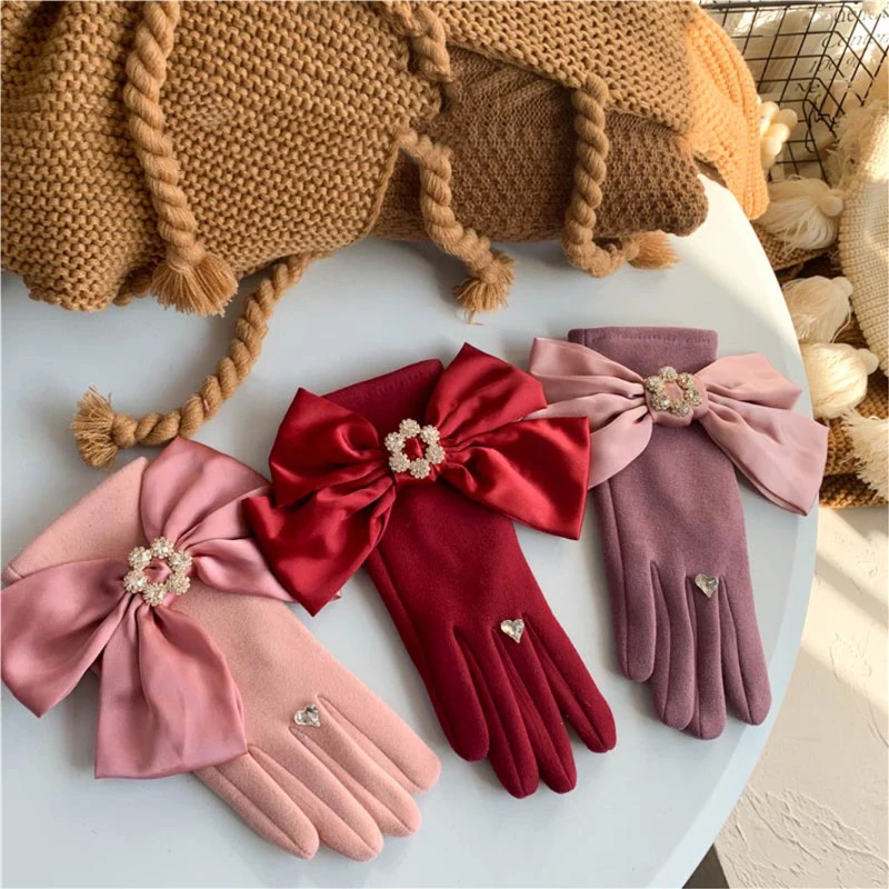 7 colori autunno inverno guanti per le donne fodera in peluche nastro Big Bowknot guanti da donna evening party Touch Screen guanti eleganti