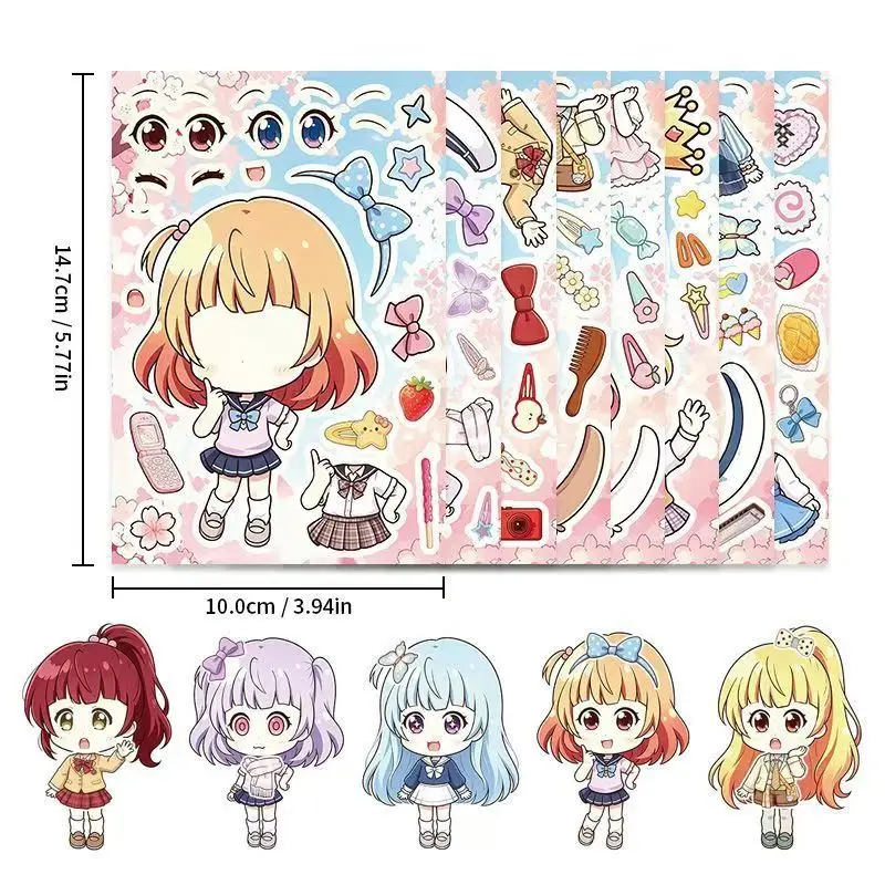 Cute Anime Girl Dress up Stickers,Sheets Cartoon Character Changing Clothes Decals for Kids DIY Scrapbook Journal Handmade