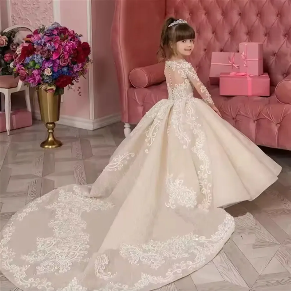 Luxury Lace Appliques Princess Ball Gown With Train For Girls Flower Girl Wedding Dress Birthday Party Dress Piano Performance