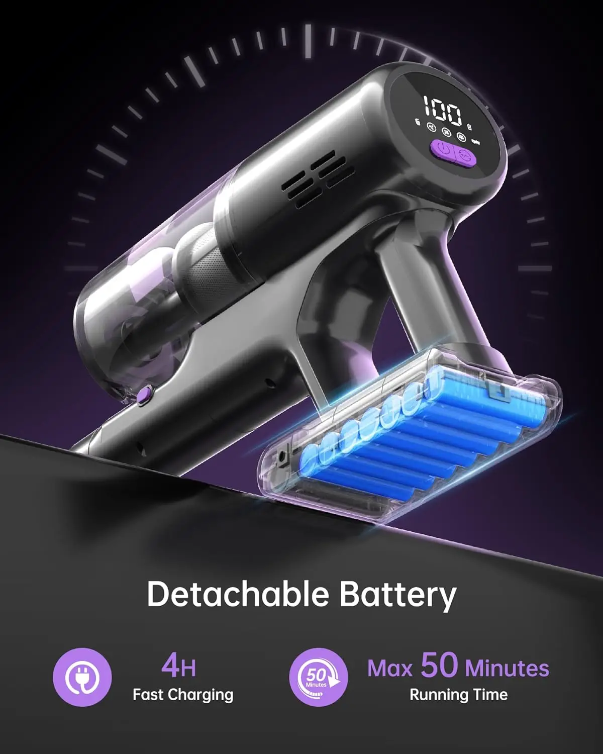 Cordless Vacuum Cleaner with LED Display, 45kpa 550W Brushless Motor, Max 50 Mins Runtime with Detachable Battery