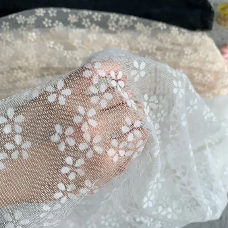 1 yard Black Flowers Flocking Lace Fabric Flocked Floral Tulle Fabric For Girl Dress Tutu Dress Wedding Dress Bridal Veil