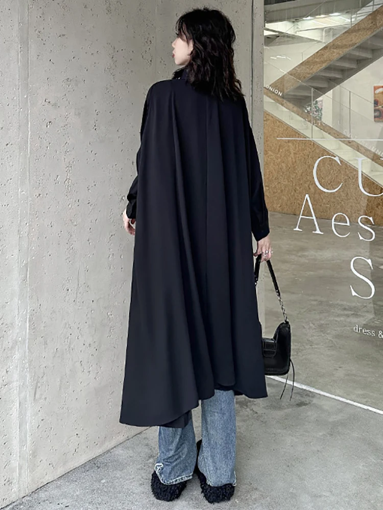 [EAM] Women Black Big Size Irregualr Shirt Dress New Lapel Long Sleeve Loose Fit Fashion Tide Spring Autumn 2024 1DH4289