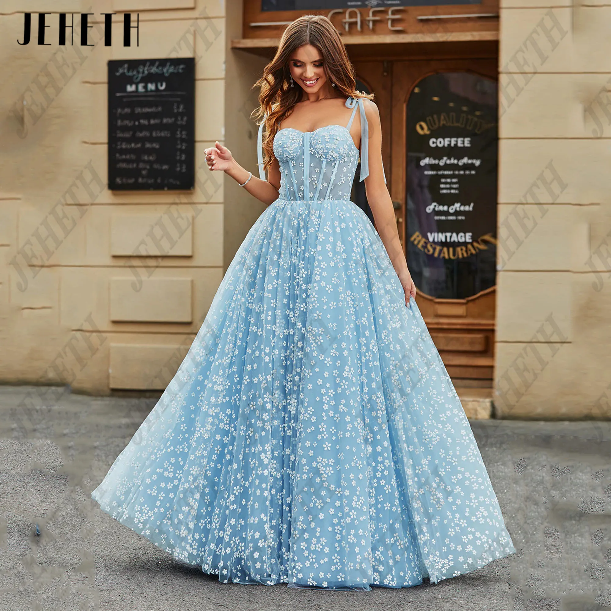 JEHETH Embroidery Straps Evening Dress For Woman Sweetheart Floral Print Party Gowns Corset vestidos de noche A-Line Customized