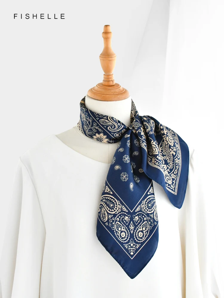 Navy blue Paisley 100% natural silk scarves small square scarf hijab shawl luxury gift headband 65cm men women wrap neckerchief