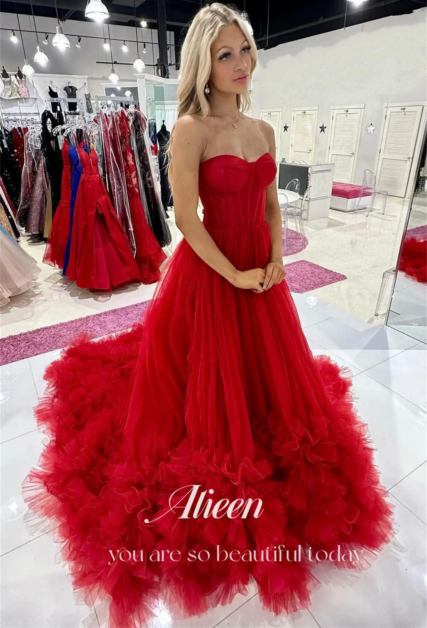 Red Mesh Multi-layer Sweetheart Evening Dresses Luxury Customized Suitable Request Wedding Dress Women\'s Gala Party Graduation