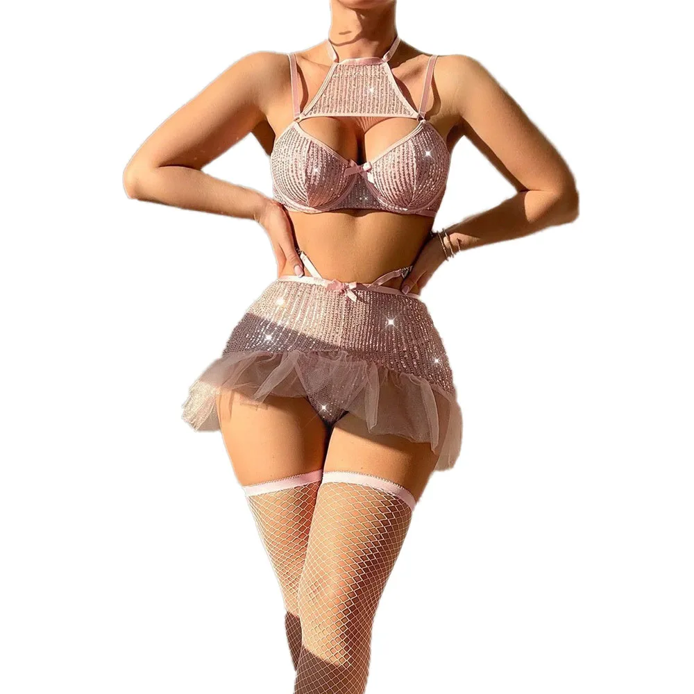 

Кружевное сексуальное женское белье, прозрачное порно кружевное нижнее белье, сексуальный комплект с бюстгальтером и нижнее белье, одежда для ночного клуба, сексуальная горячая одежда для сна с бантом и блестками