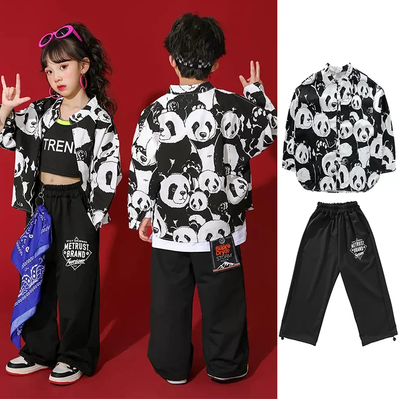 Costume Streetwear Fashion Jazz Dancewear Kids Hip Hop Dance Outfit Panda Shirt Pants Boys Girls Loose Street Dance Stage