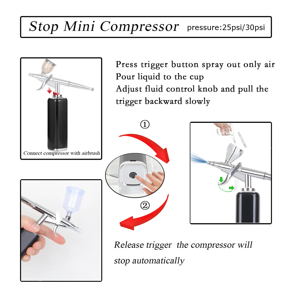 Imagem -06 - Mini Compressor de Escova de ar Kit de Máquina Atualizado Aerógrafo Maquiagem de Cosméticos Unhas Auto Start And Stop Arte sem Fio Pintura Corporal Oem