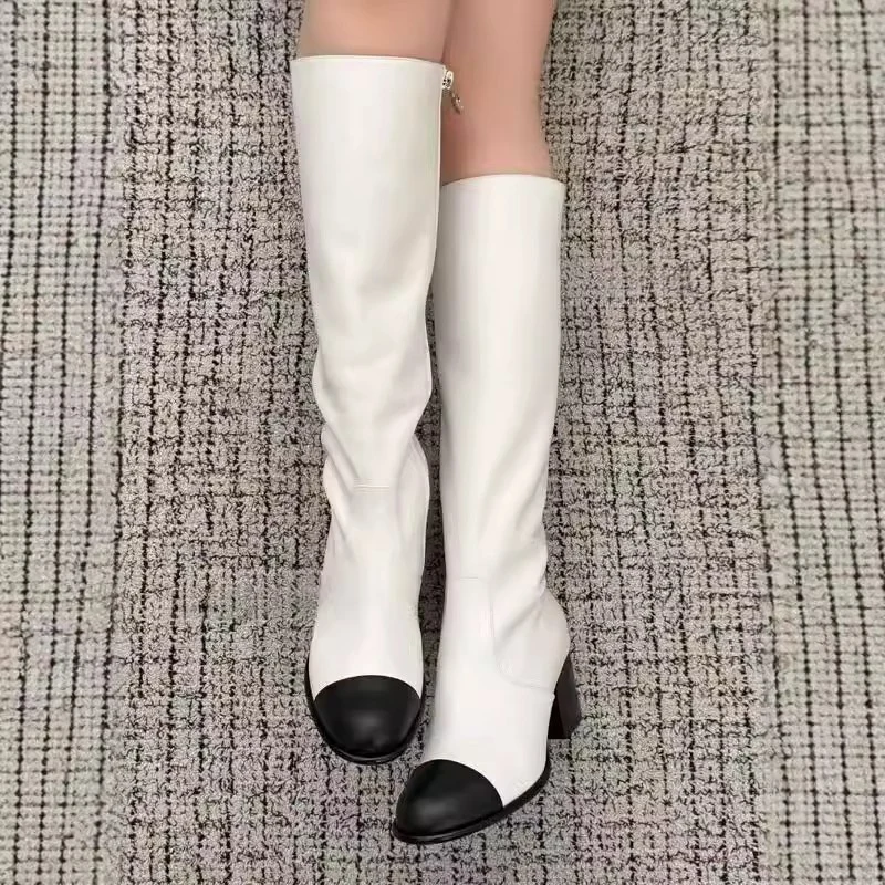 White Round Toe Thick Heel Side Zipper Skinny Boots Woman Winter 2025 Apricot Mixed Colors Square Heel Knee-High Boots for Women