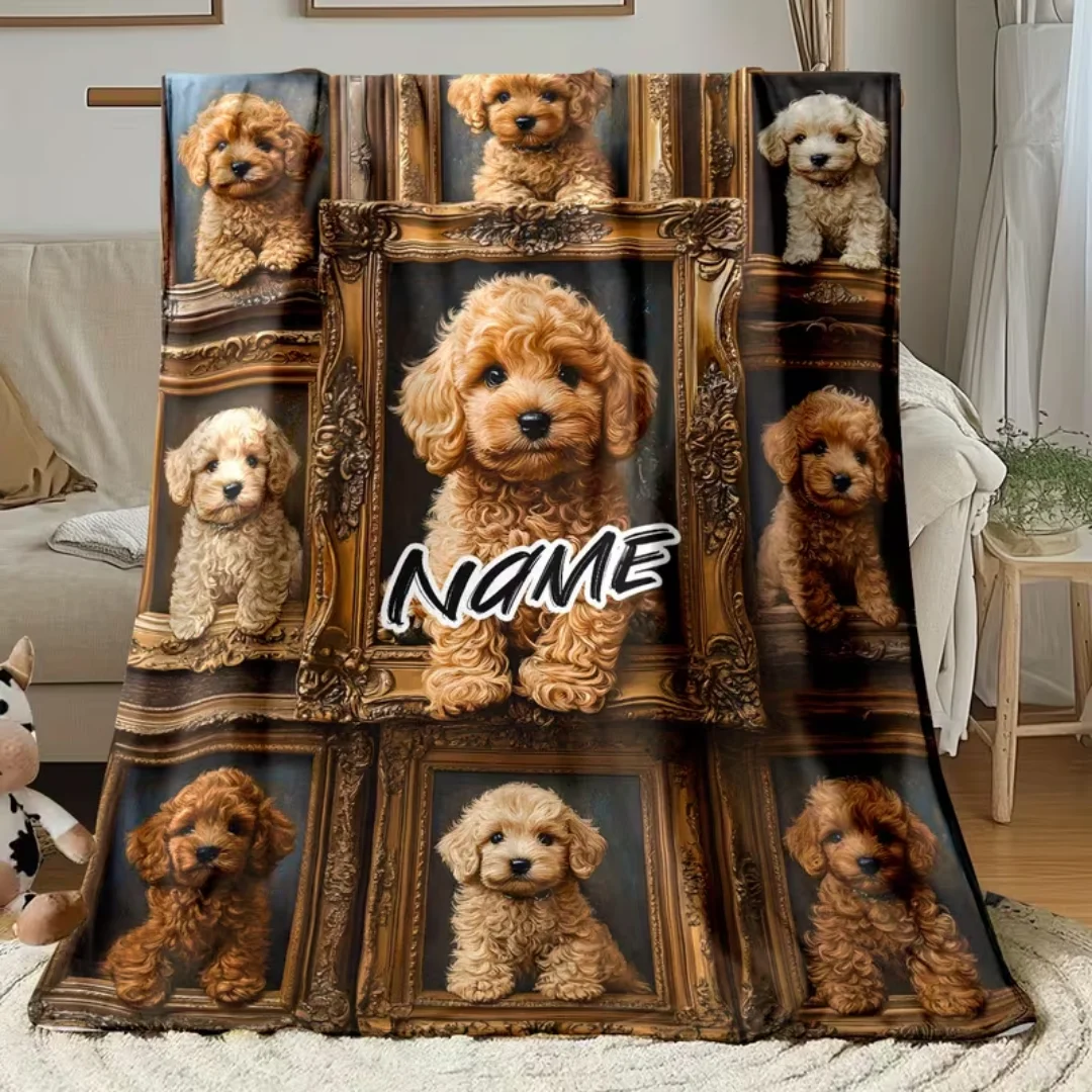 Personalized Custom Name Poodle Dog Flannel Throw Blanket, Christmas Gift, Soft Warm Digital Printed Lightweight Blanket for Sof