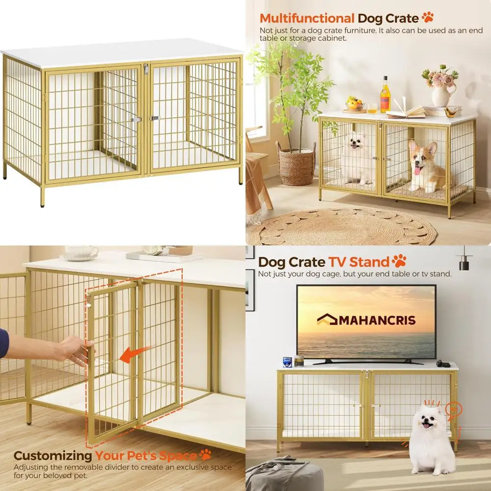 

Durable Wooden Dog Crate for Two Pets, 43.3-Inch Large Kennel with Detachable Divider, Suitable for Small to Medium Dogs, Indoor