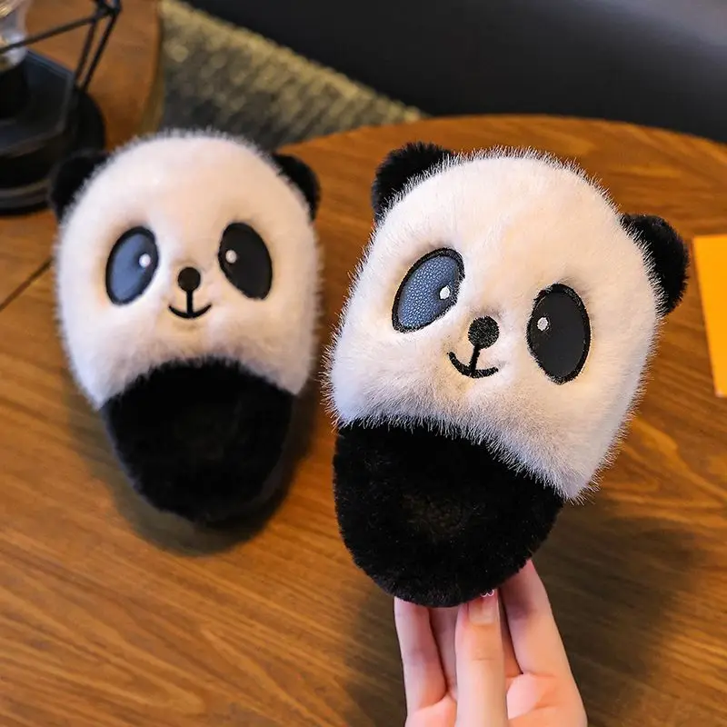 Kids Winter Warm Cotton Slippers Cute Cartoon Panda Design Non Slip Soft Furry Sole Comfort Home Shoes for Boys Girls