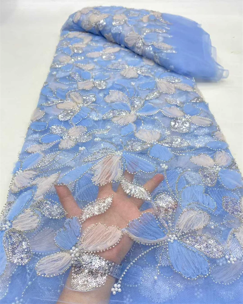 Luxury Embroidery Lace Fabric with Sequins And Beads for Party Dress And Wedding Gown Net Lace Fabric Hot Selling