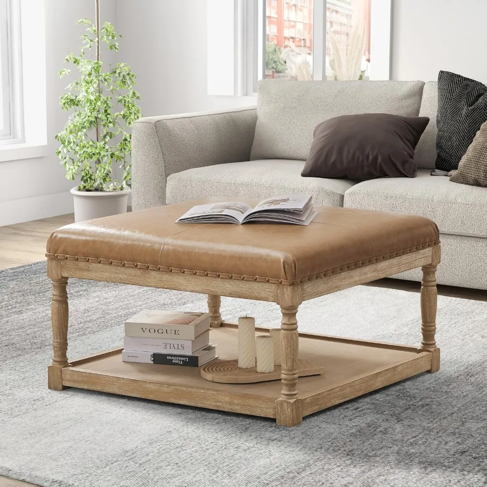 طاولة قهوة عثمانية من الجلد مقاس 33 بوصة، مسند كبير لغرفة المعيشة، مسند مربع مع رف وإطار من الخشب الصلب، منجد