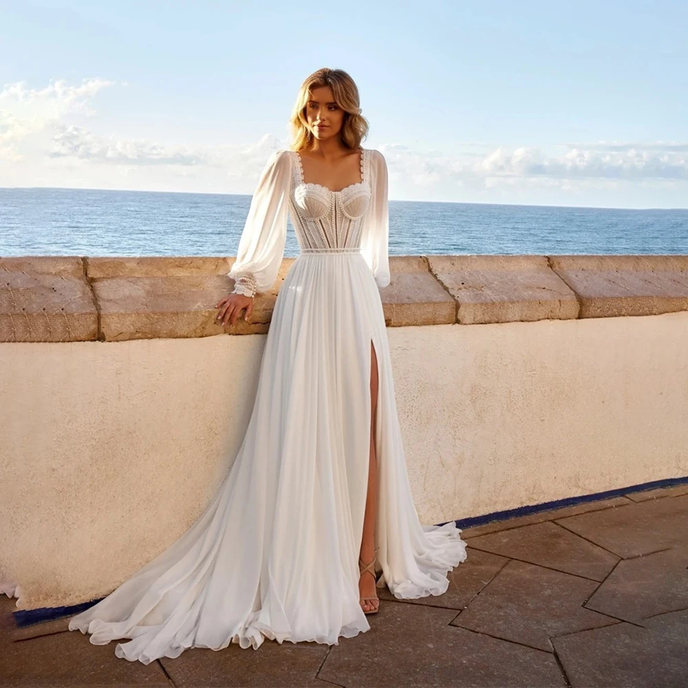 

Элегантное шифоновое свадебное платье с длинными рукавами и квадратным вырезом, свадебное платье для женщин, торжественное платье для свадебной вечеринки, свадебное платье с боковым разрезом