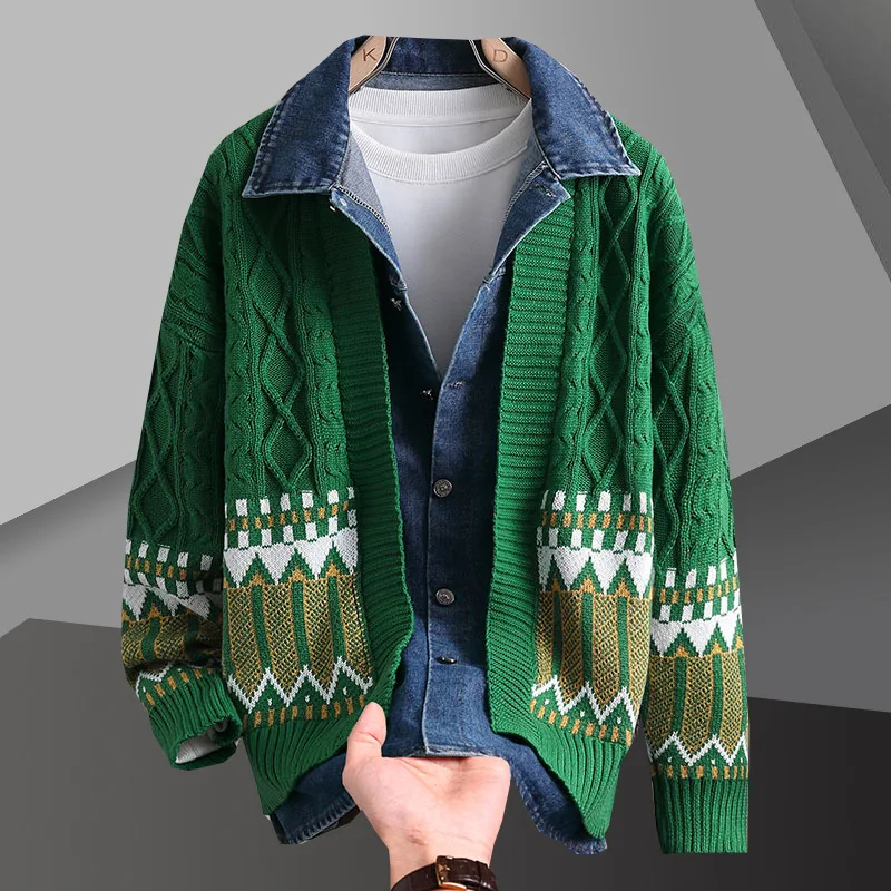 

Geometric print Sweater Cardigan Male Garment Coat Noel Kazak Heren Sweater Checkered Contrasting Colors Knitting Cardigan Man