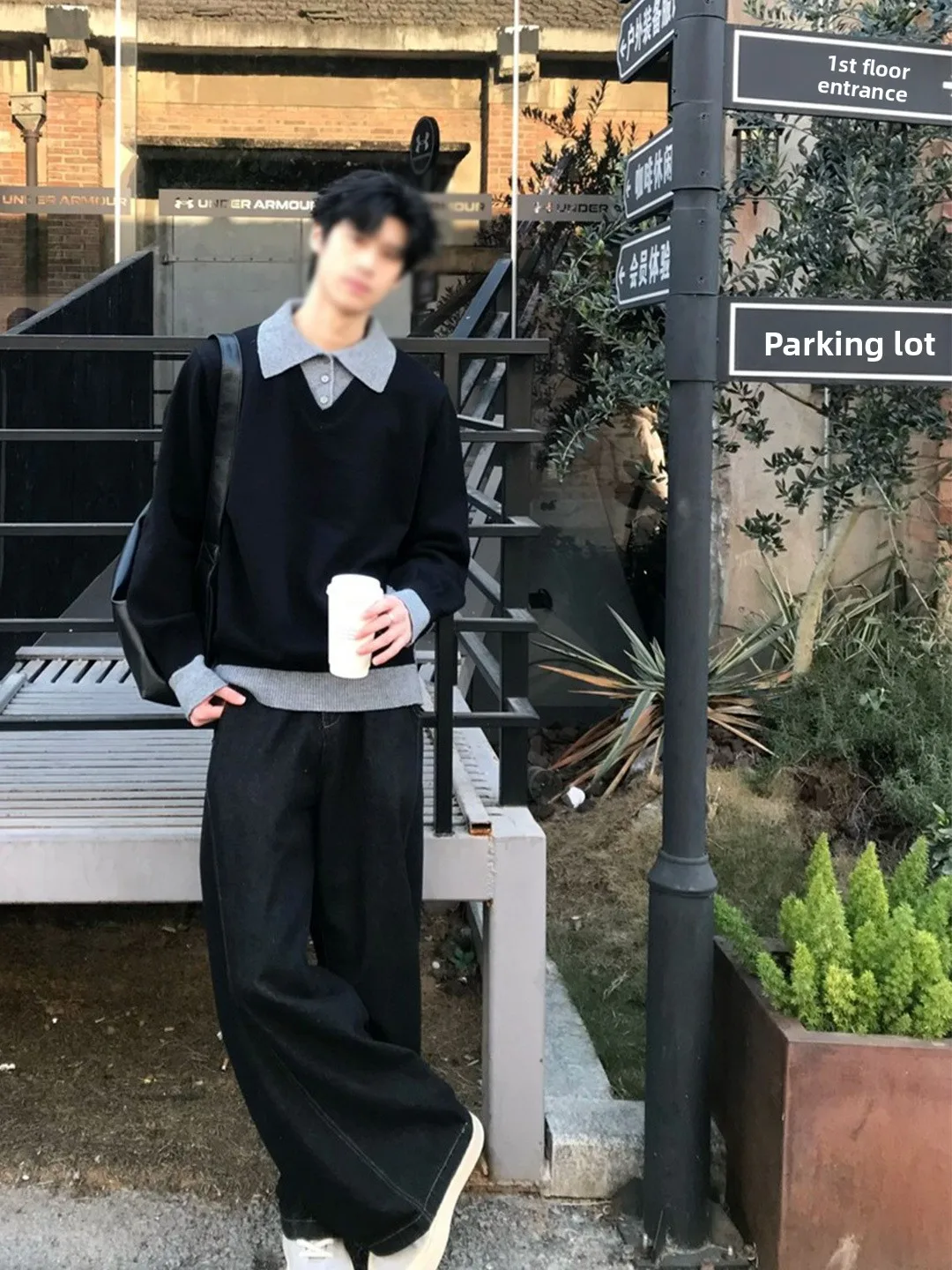 

Korean Sle College Faion Men's irt Collar Splice Design Knitted Sweater Fake Two-Piece Soft Loose Fit Long Sve Top