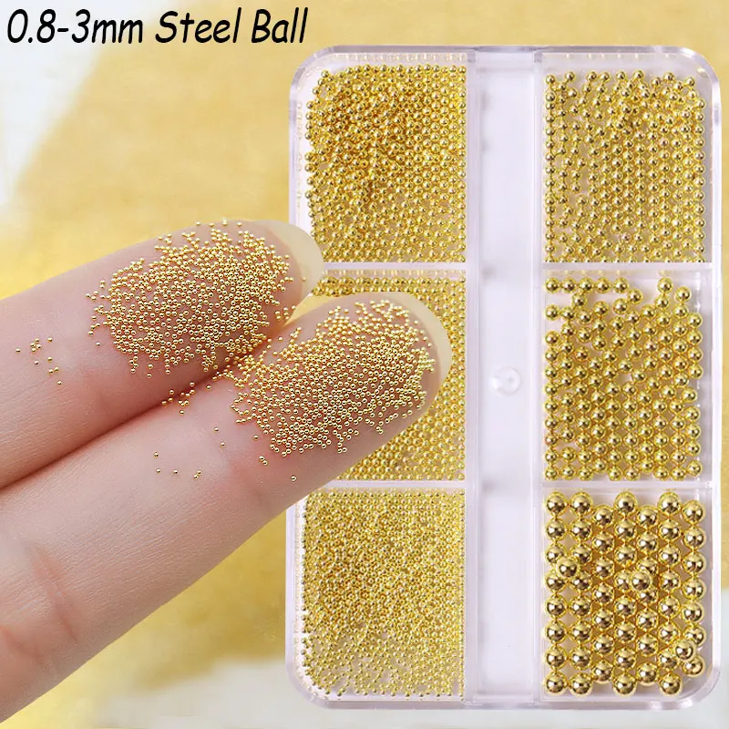 2 صناديق 12 شبكة لؤلؤ مستدير مسمار الكافيار الخرز + 6 شبكات الفولاذ المقاوم للصدأ الخرز المعدني ثلاثية الأبعاد الراتنج اللؤلؤ مانيكير الكافيار الكرة الديكور #4