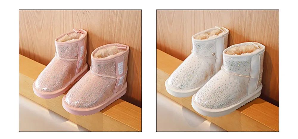 Korean Style Snow Boots For Girls PU Leather Thick Warm Children's Plush Boots PU Leather Teenager Kid's Faux Fur Boots