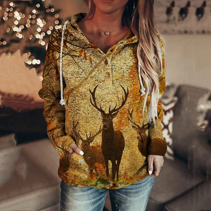 Hoodies 3d Print Folk Style Hooded Vintage Deer Streetwear Sweatshirts Girls Sweatshirt Fashion Buttons Oversized Hoodie Clothes