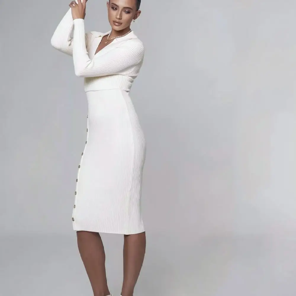 Women Autumn Knitted Dress Vintage Polo Collar Long Sleeve Slim Bodycon Sweater Dresses Elegant Casual Office Knit Wear