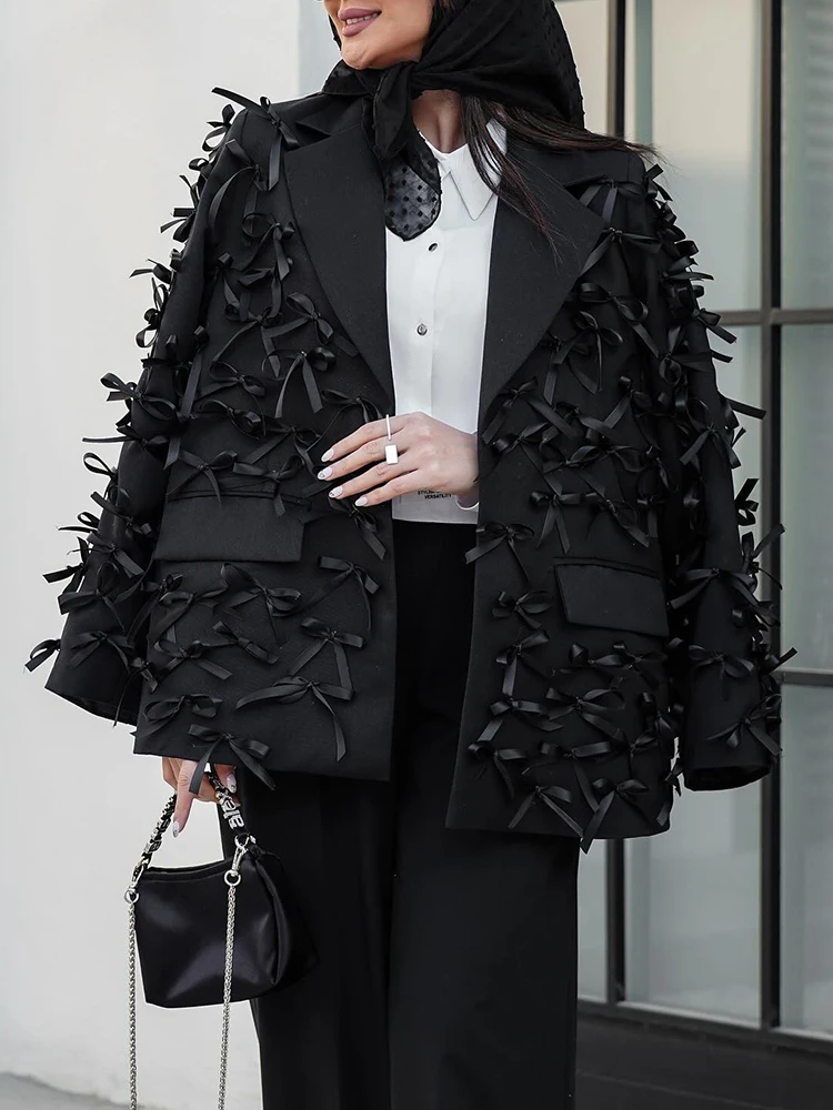 TWOTWINSTYLE Solid Elegant Patchwork Bowknot Blazer For Women Notched Collar Long Sleeve Spliced Button Loose Blazers Female New