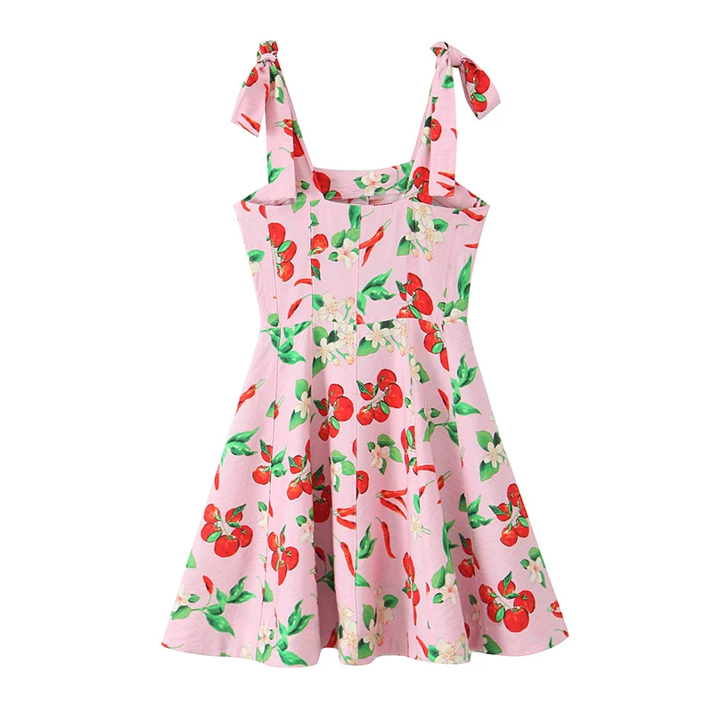 Summer Women Cherry Print A-line Mini Sling Dresses French Style Holiday Robe Sleeveless Sundress