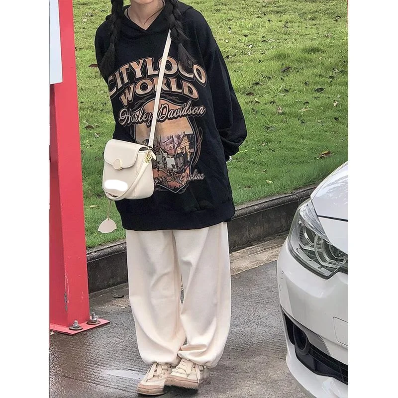 

Black Women Sweatshirt Hooded Vintage Letter Jacket Long Sleeve Korean Fashion Pullover Casual Y2K Style Autumn NEW Female Tops
