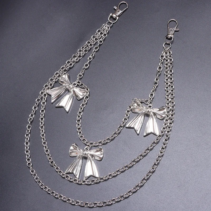 Multi‑Layer Bow Charm Pants Chain Silver Metal Waist Chain Sweet Gothic Style Jeans Key Ring Harajuku Streetwear Accessory view 3