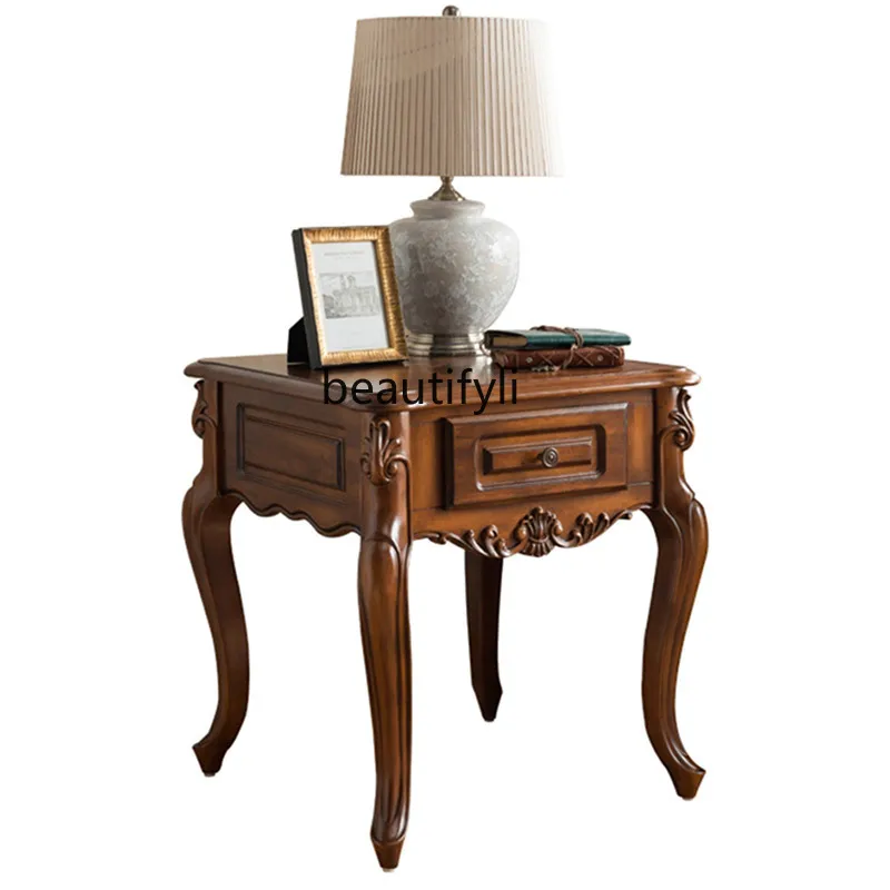 

American-Style Solid Wood Retro European-Style Sofa Corner Table Living Room Small Coffee Table Carved Square Phone Table