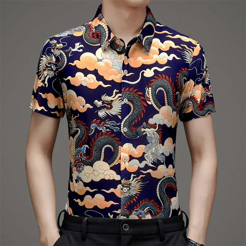 

Summer Lucky Cloud Short Sleeve Elastic Shirt Men's Chinese Popular Style T-shirt Casual Print Dad's Wear Summer Clothing