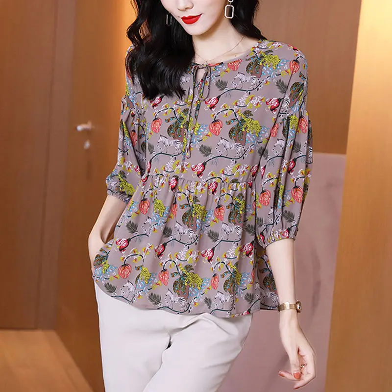 2024 New Summer Commuting Fashion Floral Three Quarter Round Neck Printed Loose Lace Up Patchwork Folds Women\'s T-shirt Top