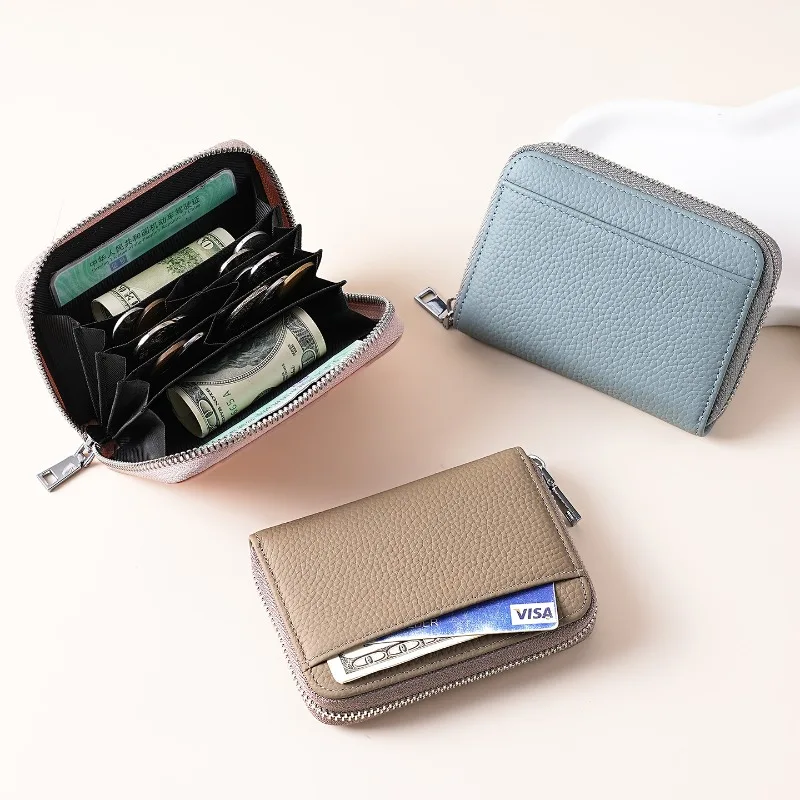 Ladies Small Zipper Card Purse,Premium Cowhide Genuine Leather Wallet for Women Lightweight Multi Slots Cash Coin Storage Wallet