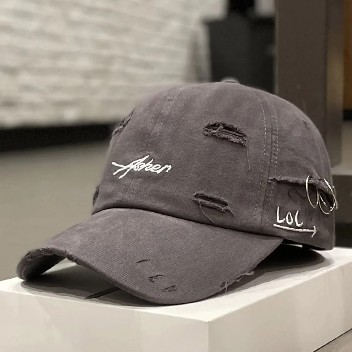Unisex Asher Embroidery Broken Hole Iron Ring Baseball Caps Outdoor Adjustable Spring and Autumn Casual Sunscreen Hat - view 5