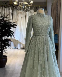 Elegant Green Beaded Evening Dresses Arabic Long Sleeves High Neck Formal Muslim Prom Gowns 2024 Customized Wedding Party Dress