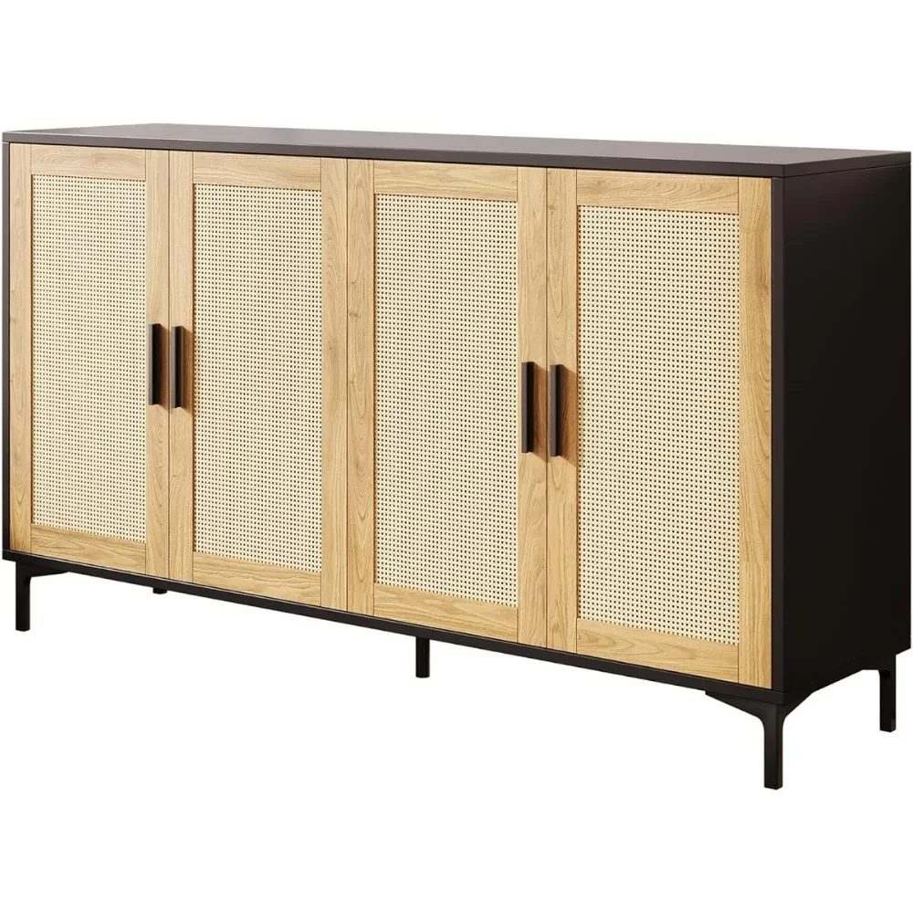 Credenza-mobile Buffet da cucina con ante decorate in Rattan, credenza con accento a 4 ante