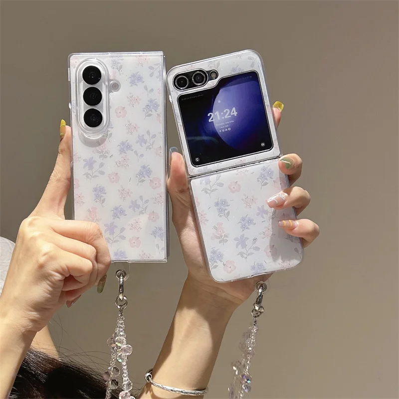 Phone Case For Samsung Galaxy Z Flip 7 FE 6 3 4 5 Z Fold 4 5 6 7 Ins Blue Floral Flower Shockproof Cover