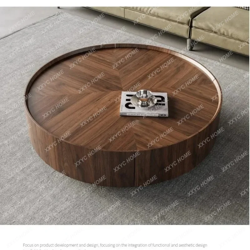XXminimalist quiet wind walnut color round coffee table modern simple storage coffee table combination