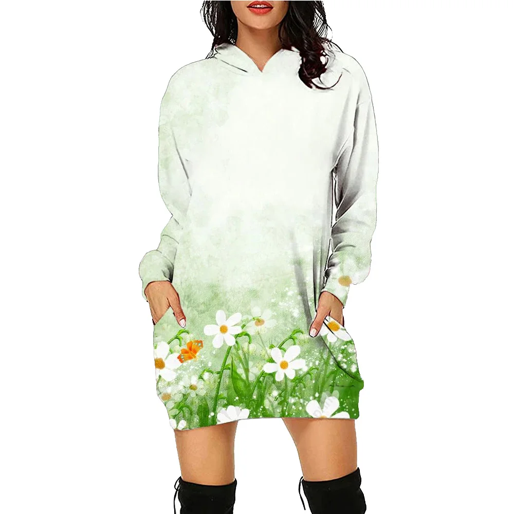 Butterfly Flower Printed Hoodie Dress Women's Floral Top Workout Sweatshirt Long Sleeve Pullover Autumn Loose Tee Traf Vestidos