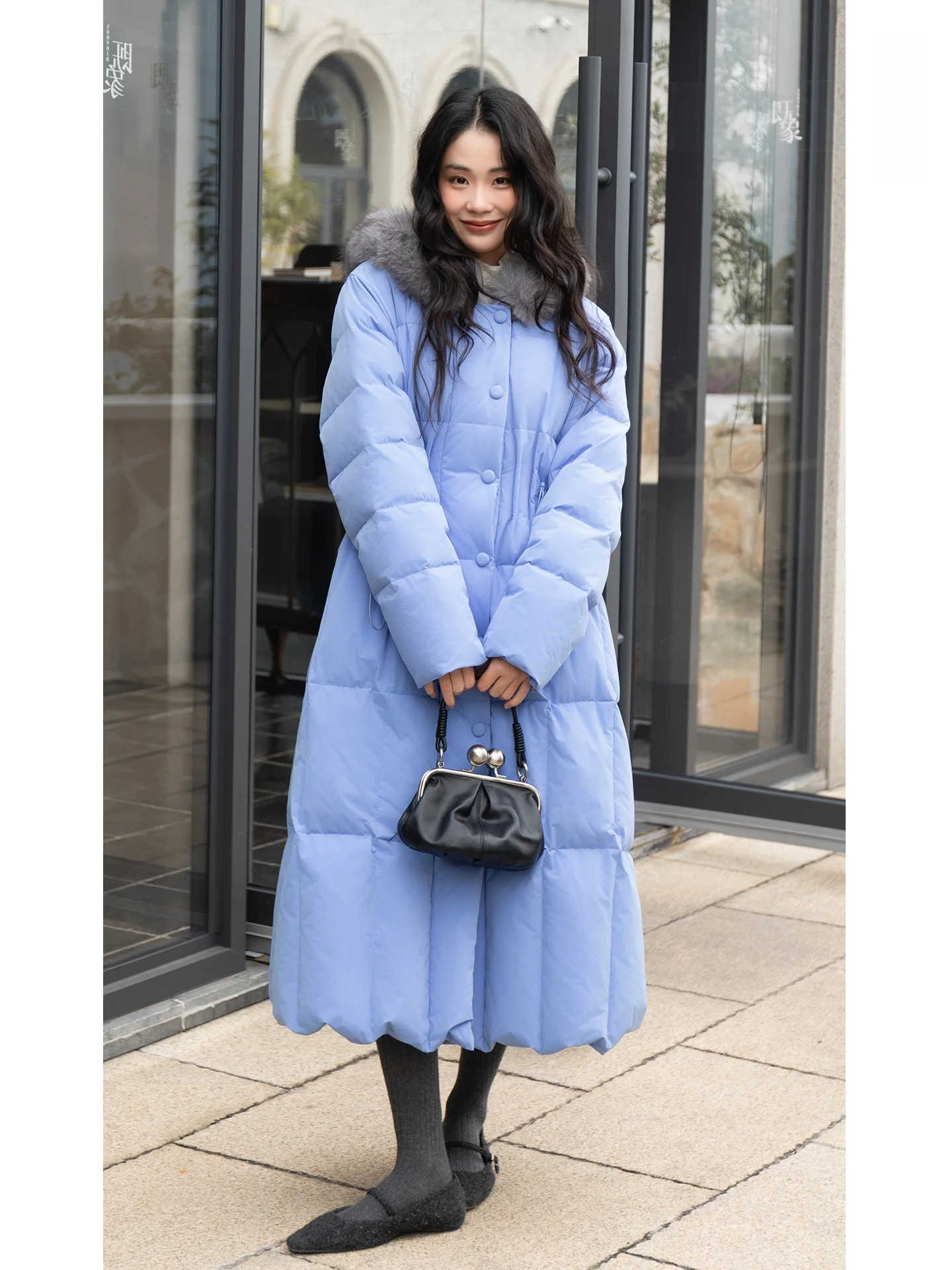 

BUD Blue Long down Jaet with Fur Collar 90% White Du Feather Skirt Sle Waist Cinching Hooded Knee-Length Winter New
