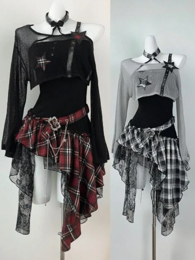 

Aesthetic Gothic Slim 2 Piece Set Women Vintage Streetwear Tops + Plaid Irregular Pathwork Strapless Dress Grunge Punk Suits