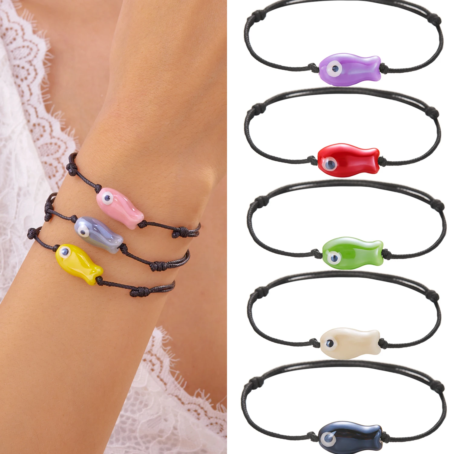 

Fashion Simple Ceramic Fish Bracelets for Women Men Handmade Black String Rope Adjustable Bracelet Summer Vacation Jewelry Gift
