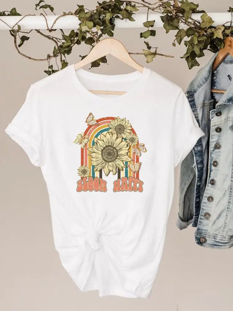 T-shirt à manches courtes pour femme, vêtement estival et basique, avec dessin animé de fleurs imprimées