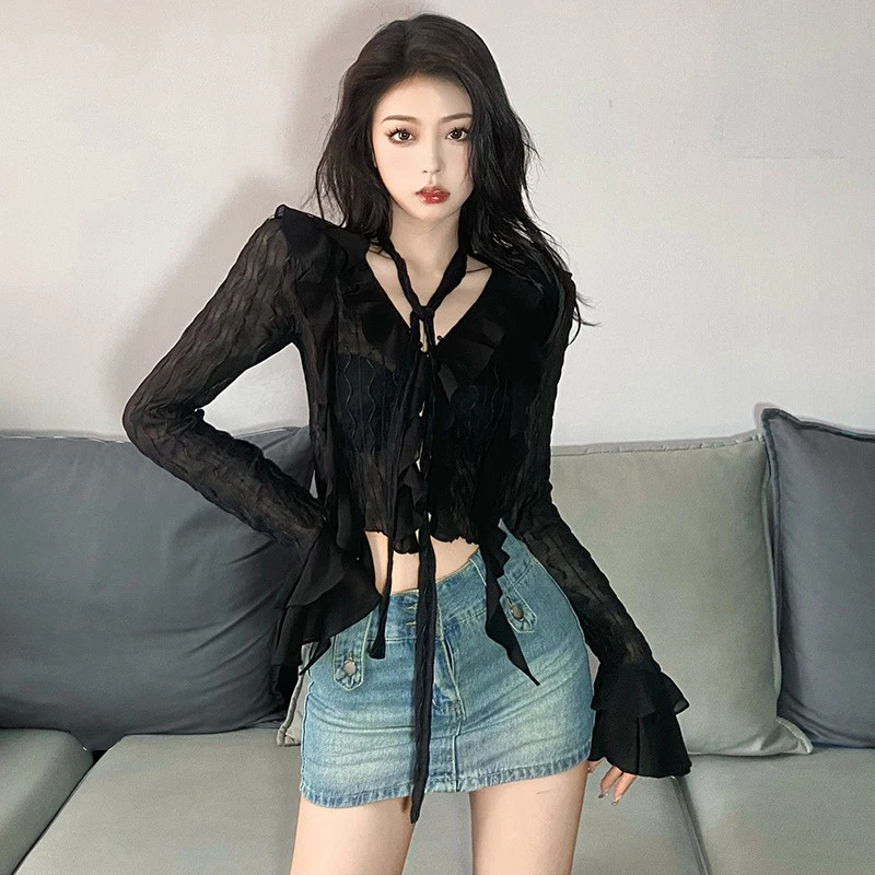 Women\'s Solid Color Cardigan Retro V Neck Irregular Slim Fashion Mesh Slightly Transparent Long Sleeves Cardigan Top