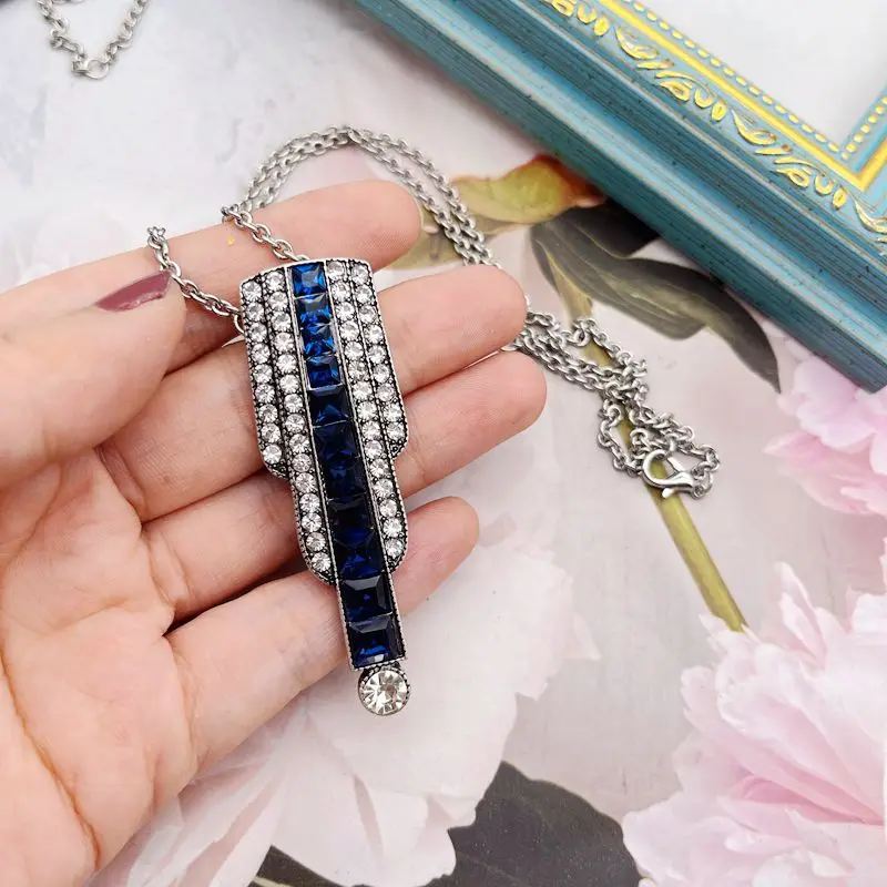 Long Pendant Glass Stone Necklace Rhinestone Green Blue Simple Deco Jewelry For Women